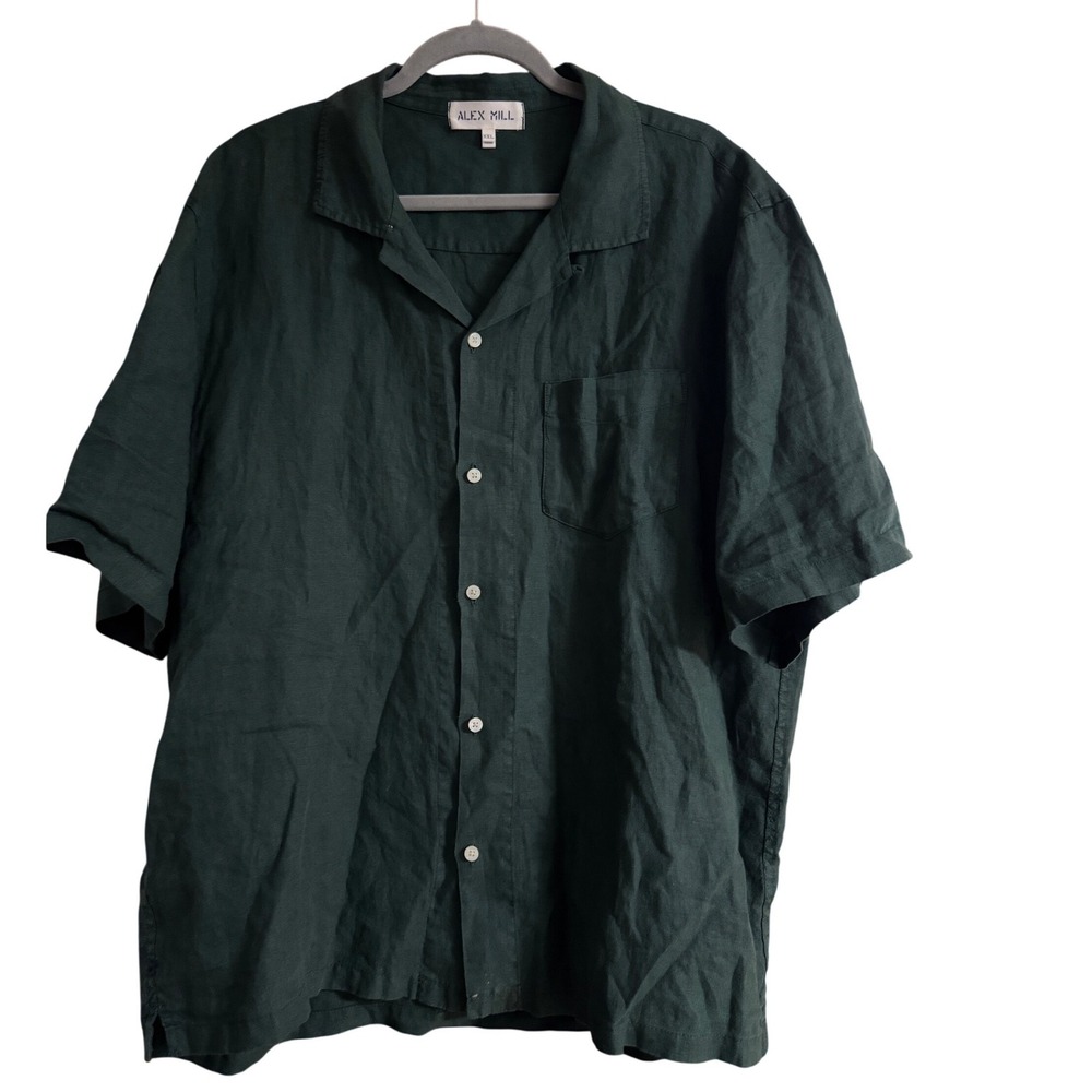 Alex Mill Mens XXL Dark Green 100% Linen Short Sleeve Camp Collar Button Down